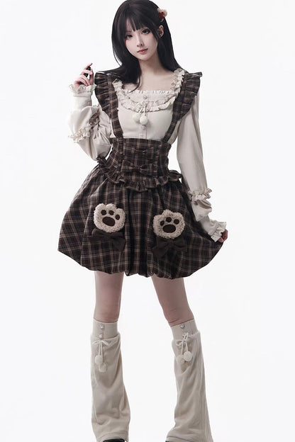 Fluffy Bear Plaid Ruffle Bow Sweet Lolita Strap Dress