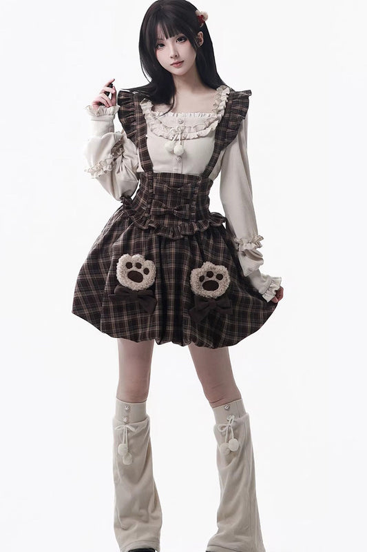 Fluffy Bear Plaid Ruffle Bow Sweet Lolita Strap Dress