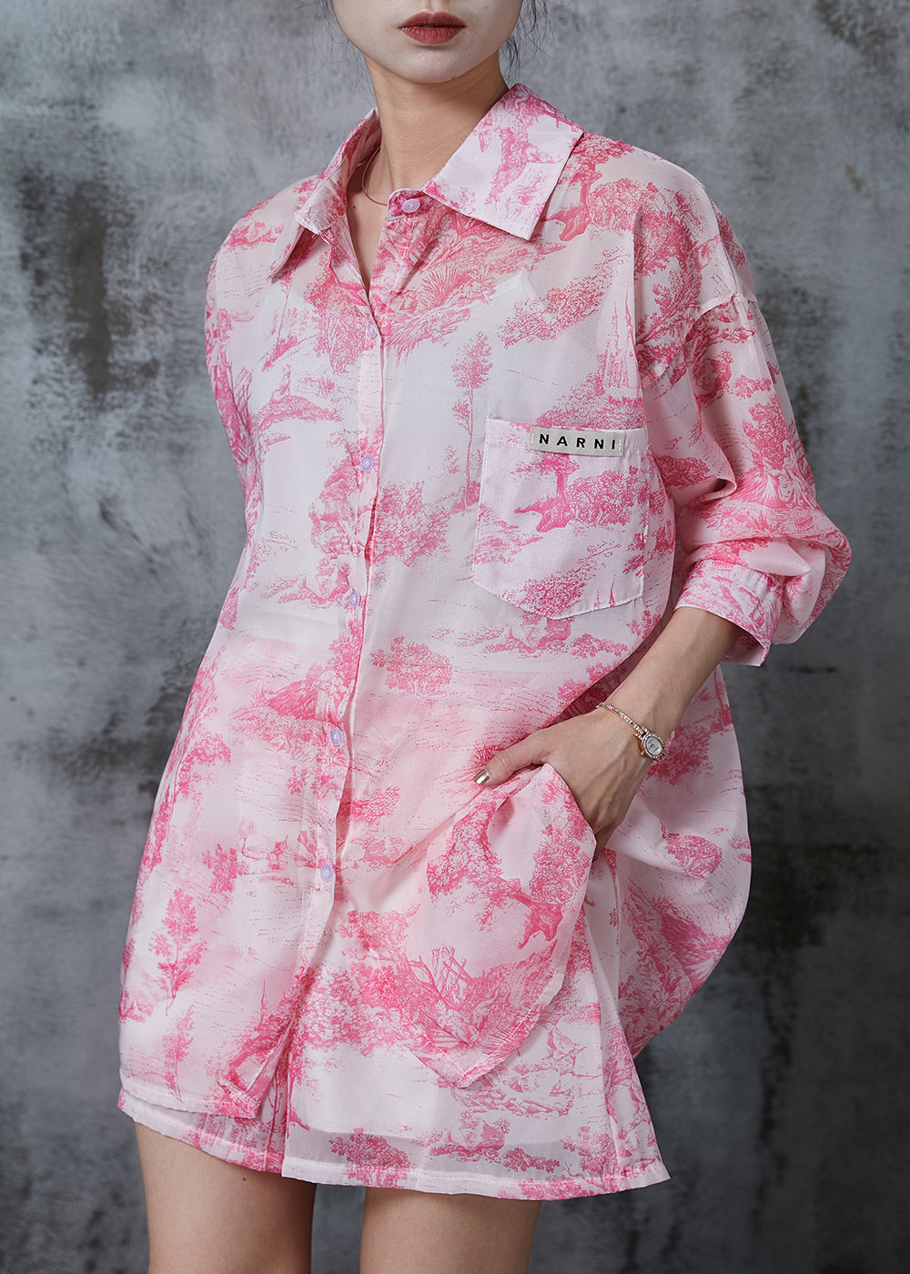 Schlichtes, rosa, übergroßes Chiffon-Zweiteiler-Set mit Druck für den Sommer QA1013 