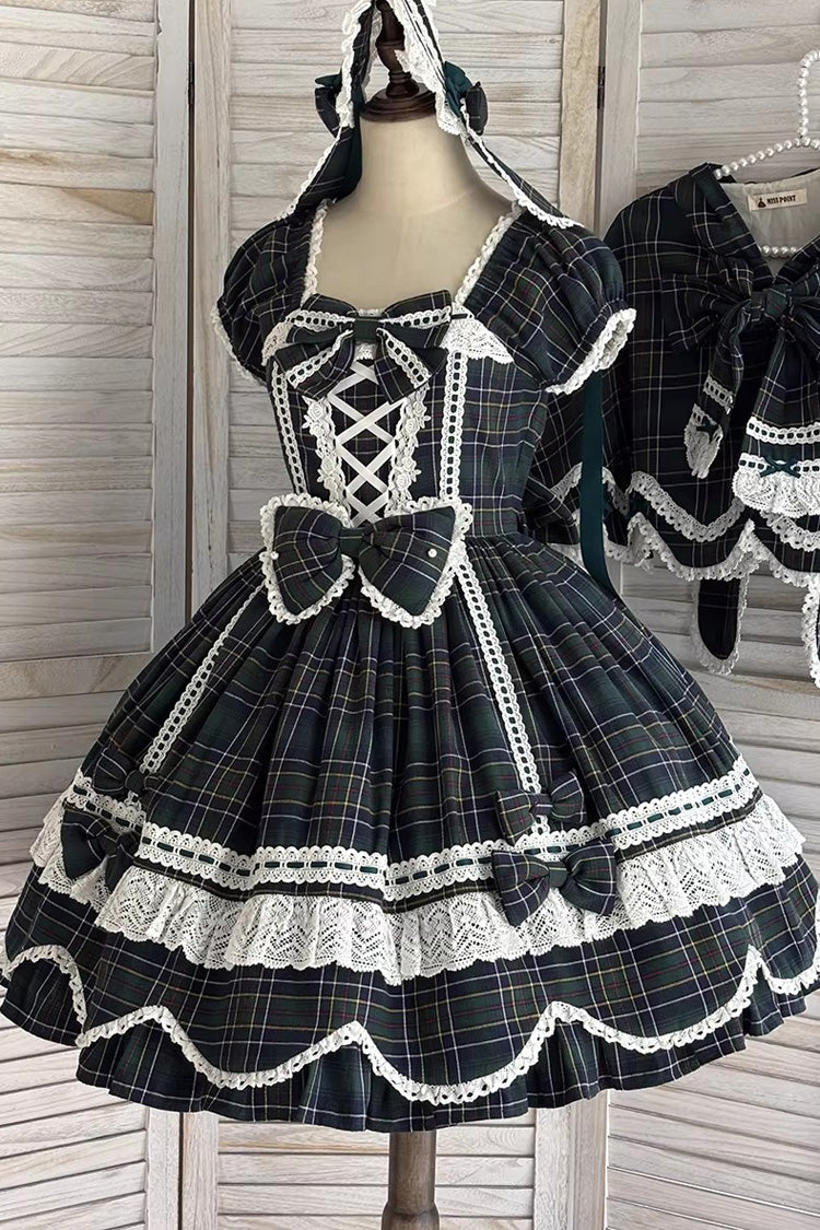 Emerald Gingham Petal Bunny Short-Sleeve Ruffled Bow OP Dress