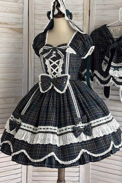 Emerald Gingham Petal Bunny Short-Sleeve Ruffled Bow OP Dress