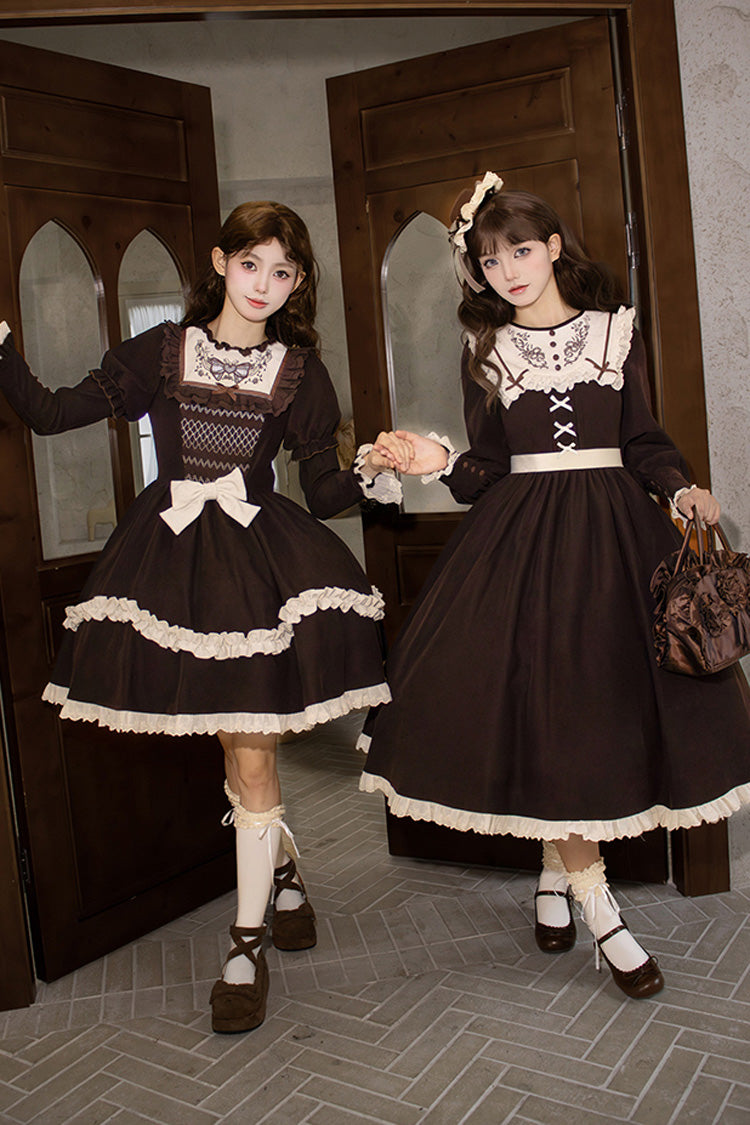 Rustic Brown Embroidered Ruffle Sleeve Sweet Lolita Gown - Miss Brown