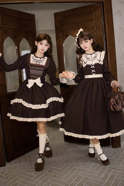 Rustic Brown Embroidered Ruffle Sleeve Sweet Lolita Gown - Miss Brown