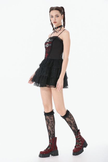 Crimson & Obsidian Sleeveless Multi-Layered Lace Lace-Up Grunge Cake Slip Dress