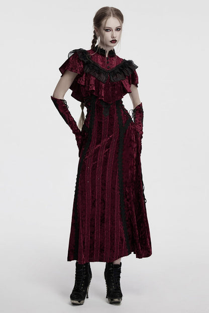 Crimson Sleeveless Gothic Cape with Ruffled Lace Trim