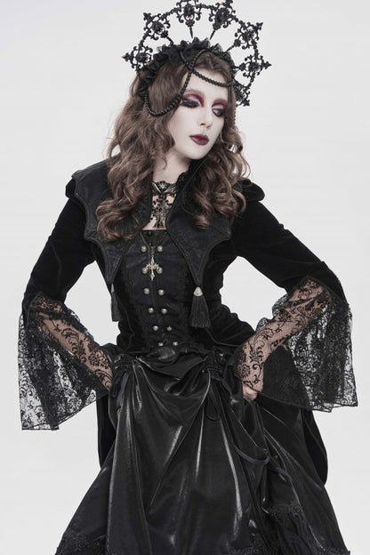 Ebony Flared-Sleeve Embroidered Lace Fitted Zip Gothic Batwing Jacket