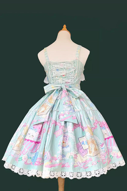 Emerald Macaron Dolly Sleeveless Bowknot Printed Sweet JSK