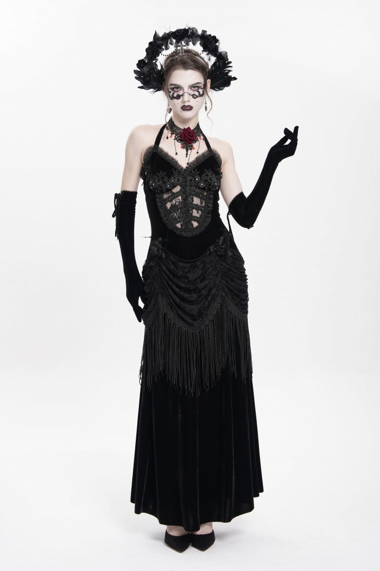 No-Sleeve Floral Lace-Up Pleated Gothic Maxi Gown