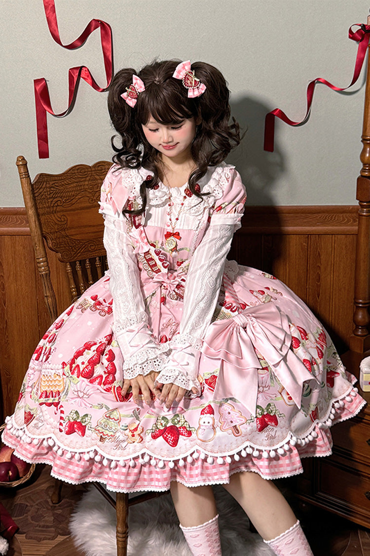 Doll Collar Short Sleeve Print Ruffle Bowknot Sweet Lolita Dress with Strawberry Dessert - 4 Colors