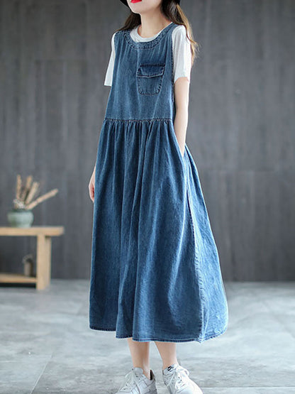 Langes ärmelloses Trägerkleid aus Denim in Übergröße mit Plissee AI1083