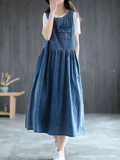 Langes ärmelloses Trägerkleid aus Denim in Übergröße mit Plissee AI1083