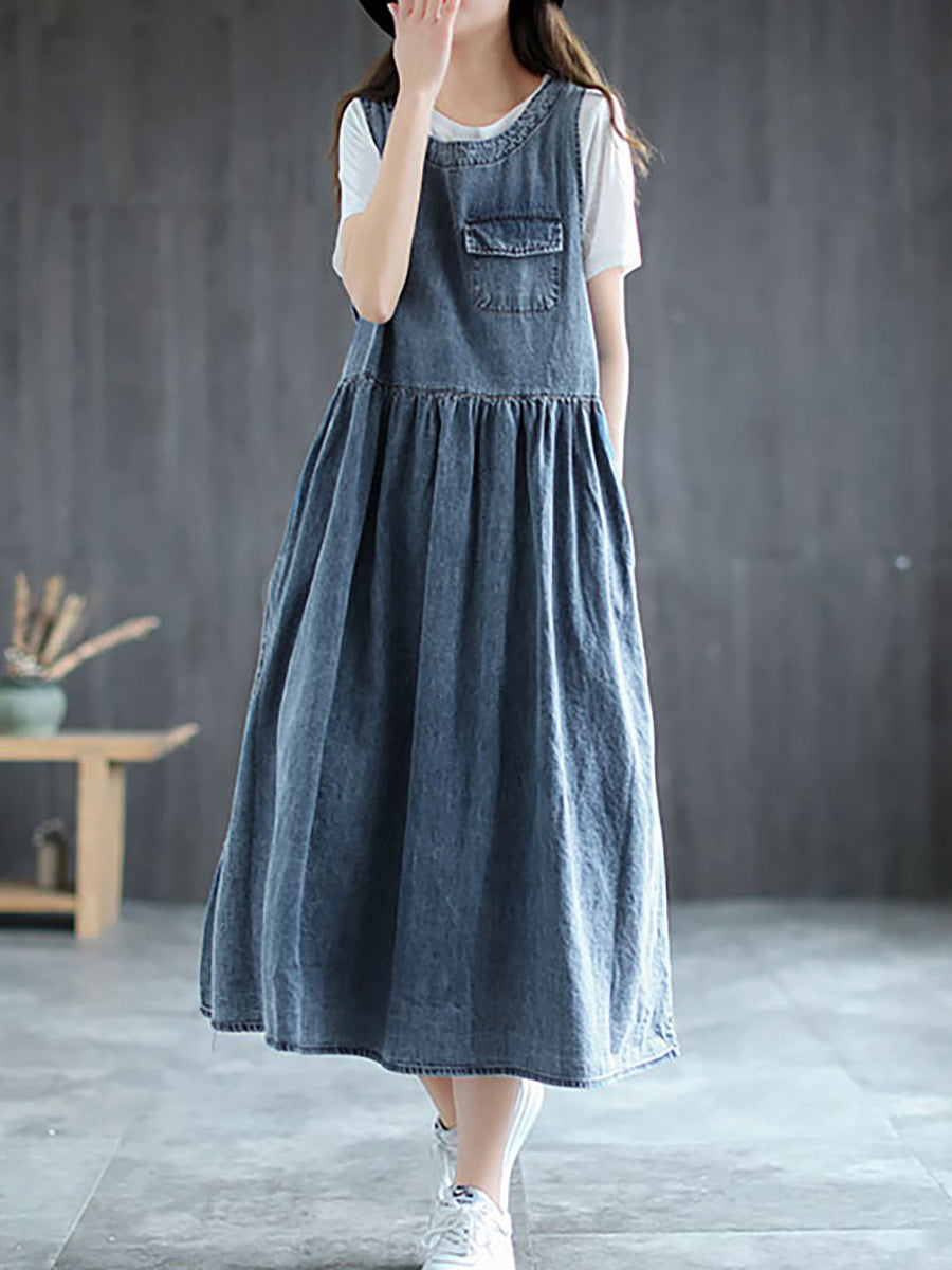 Langes ärmelloses Trägerkleid aus Denim in Übergröße mit Plissee AI1083