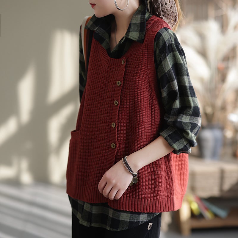 Women Winter Knitted Button Sleeveless Vest Waistcoat Sweater OP1017