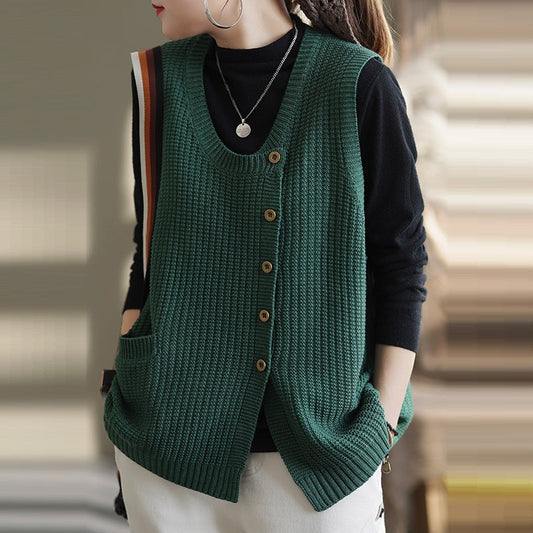 Women Winter Knitted Button Sleeveless Vest Waistcoat Sweater OP1017