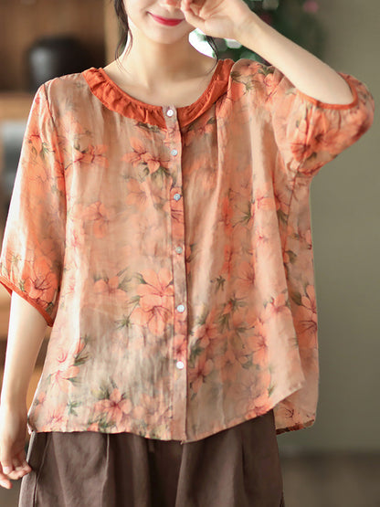 Chemise d'été vintage à fleurs en ramie grande taille pour femme RR1061 