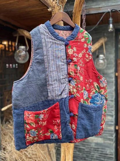 Gilet ample patchwork vintage 100 % lin pour femme, automne AH1029