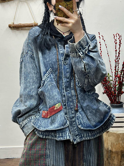 Women Spring Retro Irregular Patch Pocket Denim Coat AT1031