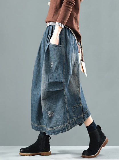 Women Retro Fade Pocket Elastic Waist Denim Skirt AI1012