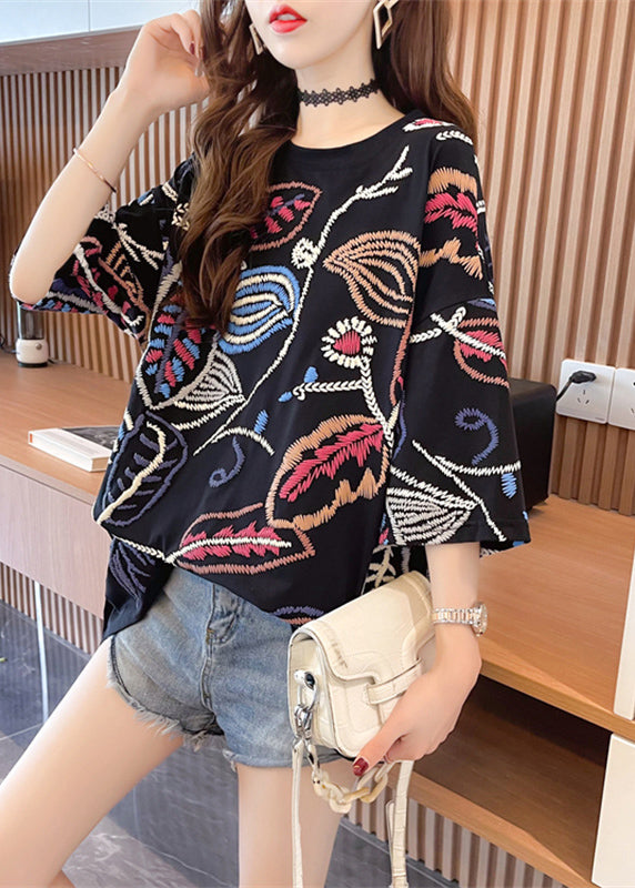 2024 Fashion Black O-Neck Print Top Summer VB1067