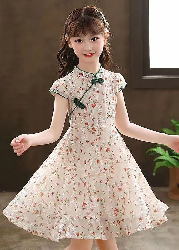 2024 New Green Stand Collar Print Girls Maxi Dresses Short Sleeve MN010