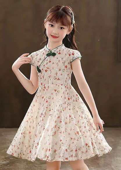 2024 New Green Stand Collar Print Girls Maxi Dresses Short Sleeve MN010