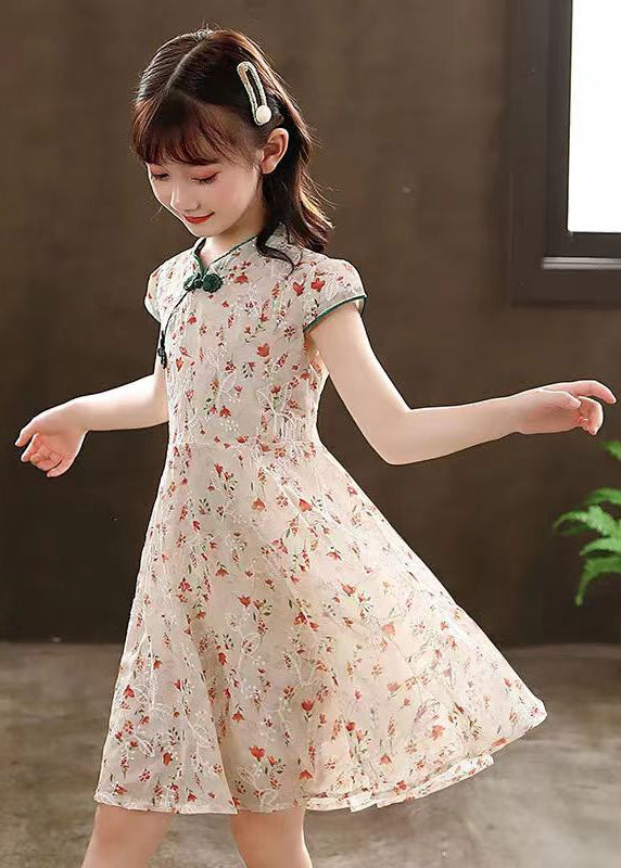 2024 New Green Stand Collar Print Girls Maxi Dresses Short Sleeve MN010