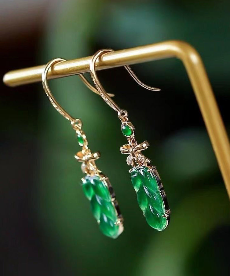 2024 New Green Sterling Silver Overgild Jade Lea Drop Earrings QU044