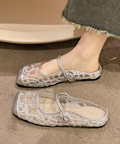 2024 New Stylish Silver Tulle Zircon Flats Slide Sandals AP1037