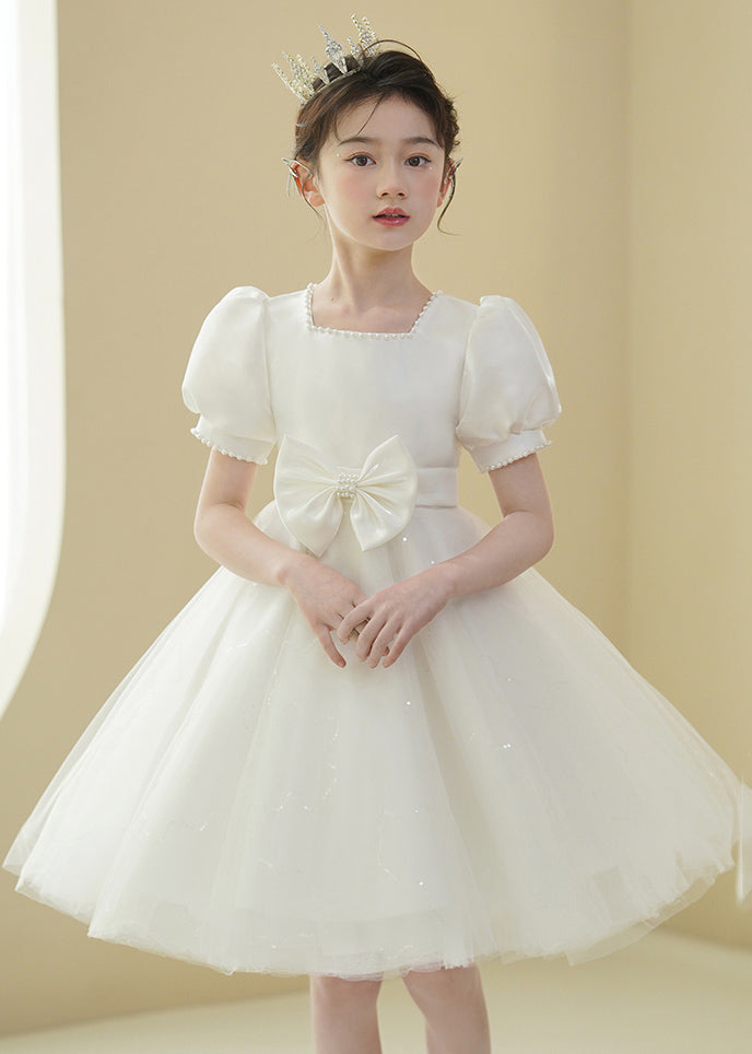 2024 Nouvelle robe blanche en tulle avec nœud et perles pour filles, manches bouffantes, XZ040