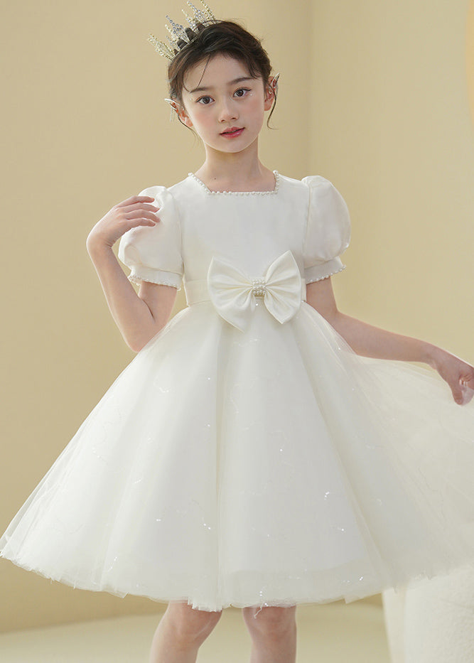 2024 Nouvelle robe blanche en tulle avec nœud et perles pour filles, manches bouffantes, XZ040