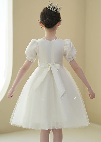 2024 Nouvelle robe blanche en tulle avec nœud et perles pour filles, manches bouffantes, XZ040