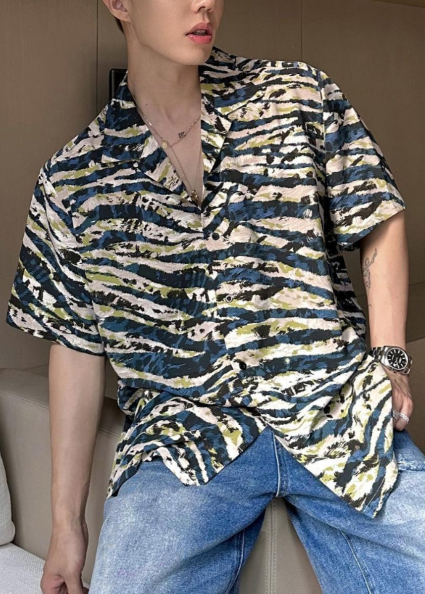 2024 Summer Loose Cuban Collar Printed Leopard Short Sleeved Mens Shirt HG024