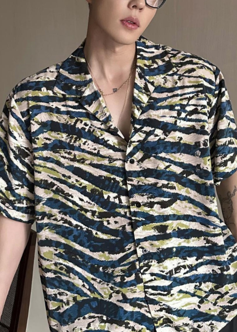 2024 Summer Loose Cuban Collar Printed Leopard Short Sleeved Mens Shirt HG024