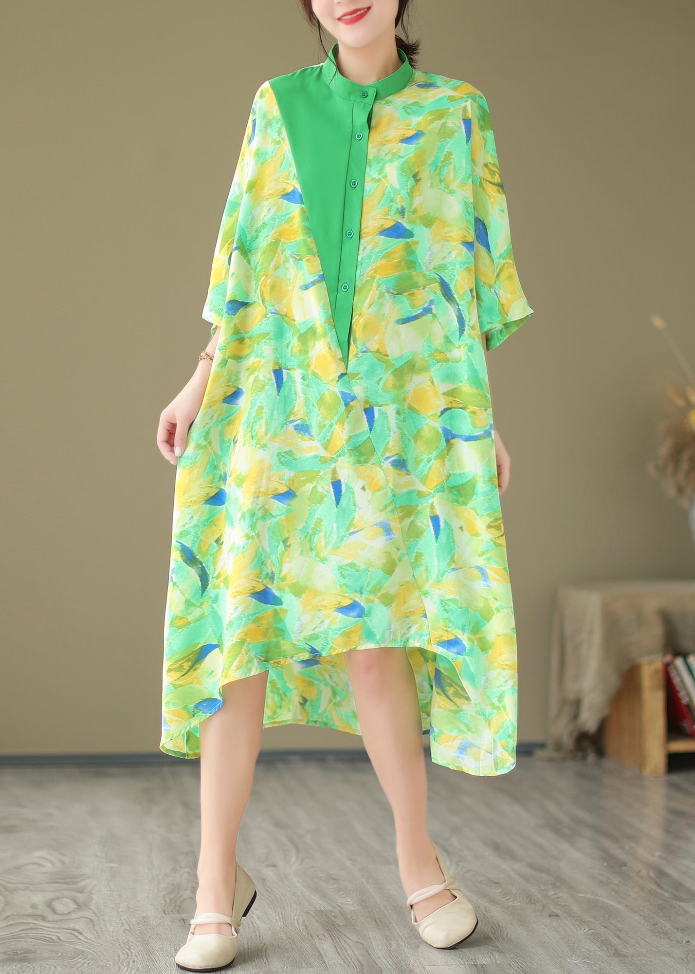 2024 Summer New Green Spliced Tie Dyed Shirt Dress AP044