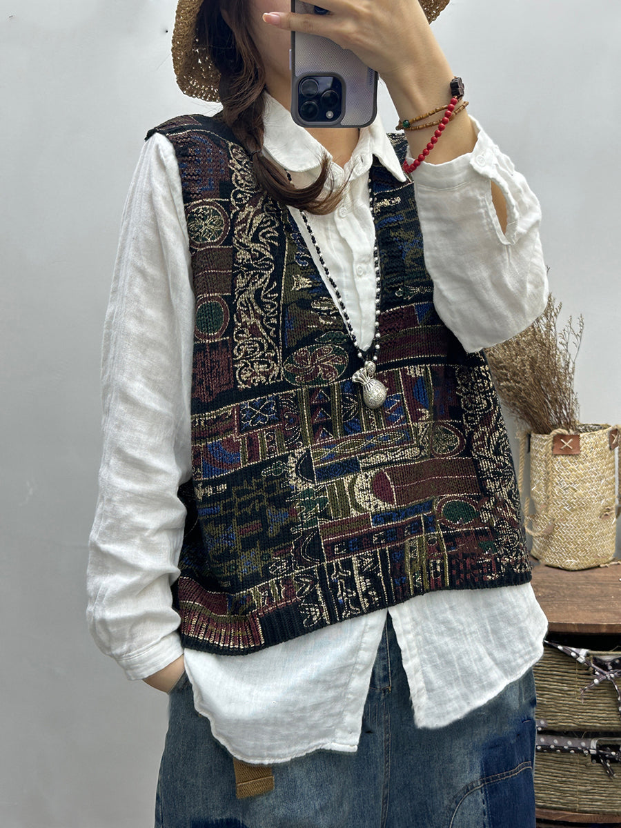 Women Vintage Print Knitted V-Neck Vest OO1029