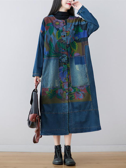 Women Spring Flower Print Loose Long Denim Dress GEM578