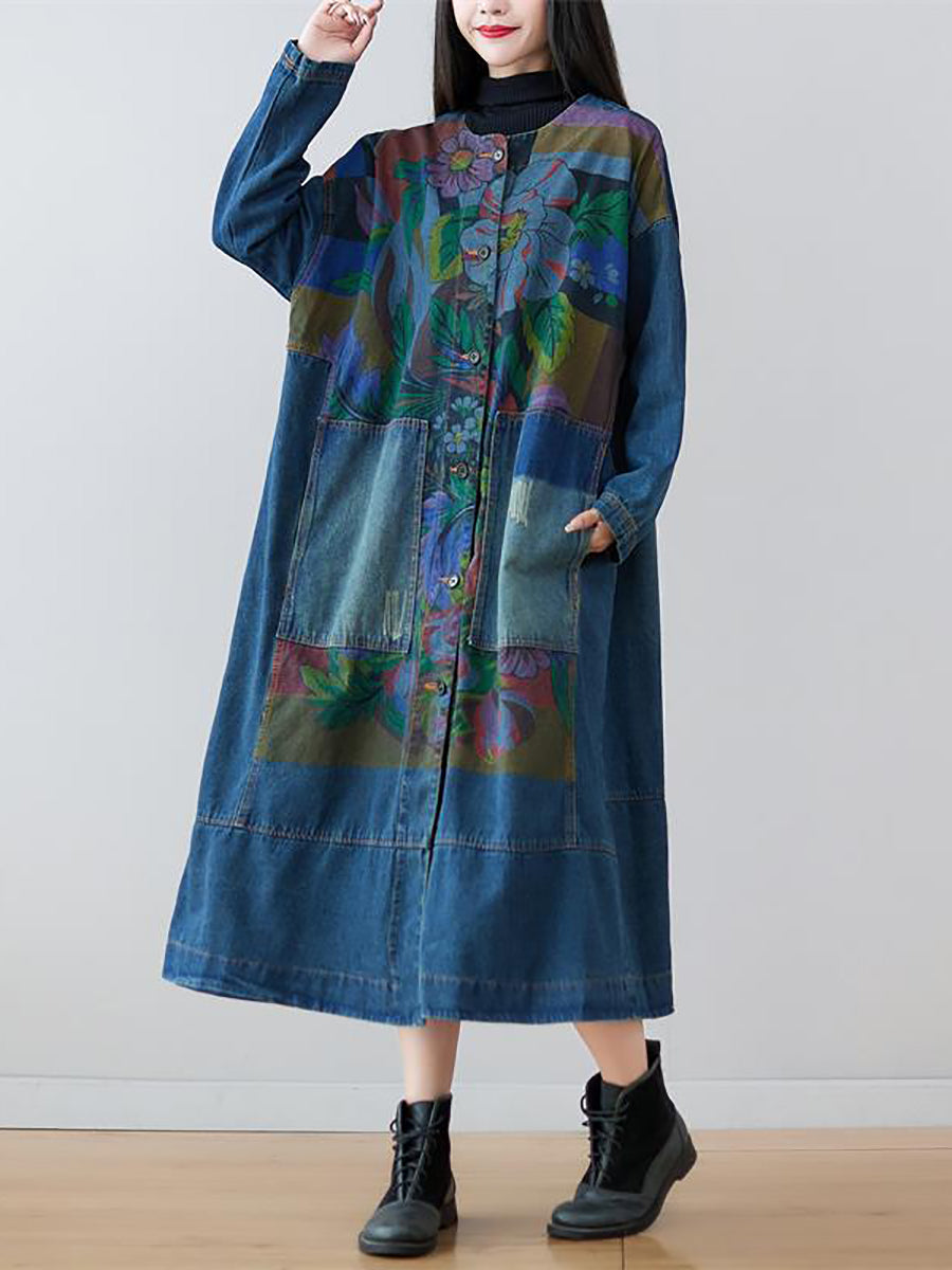 Women Spring Flower Print Loose Long Denim Dress GEM578