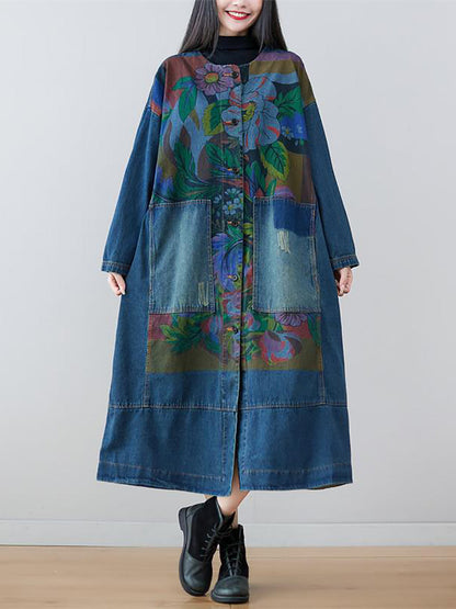 Women Spring Flower Print Loose Long Denim Dress GEM578