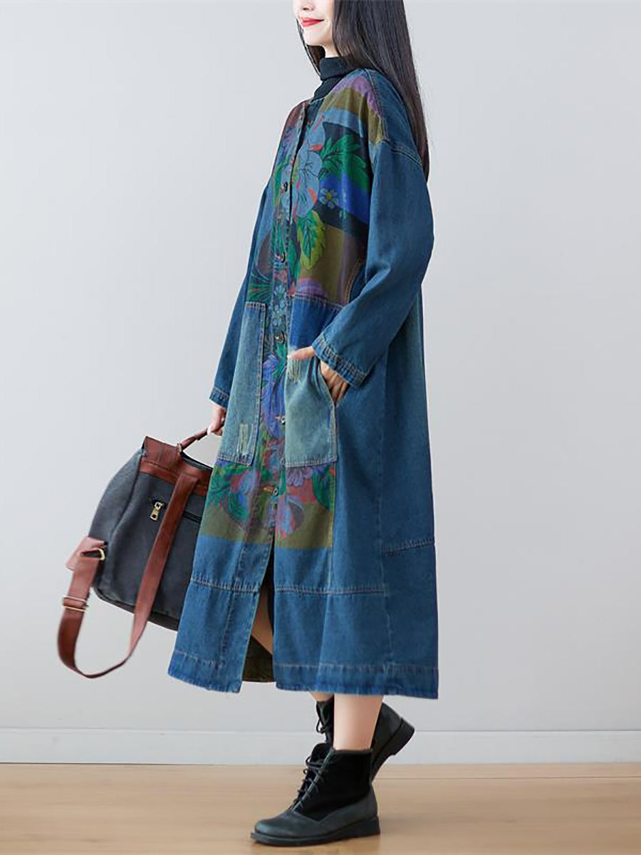 Women Spring Flower Print Loose Long Denim Dress GEM578