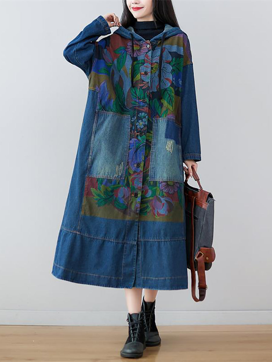 Women Spring Flower Print Loose Long Denim Dress GEM578