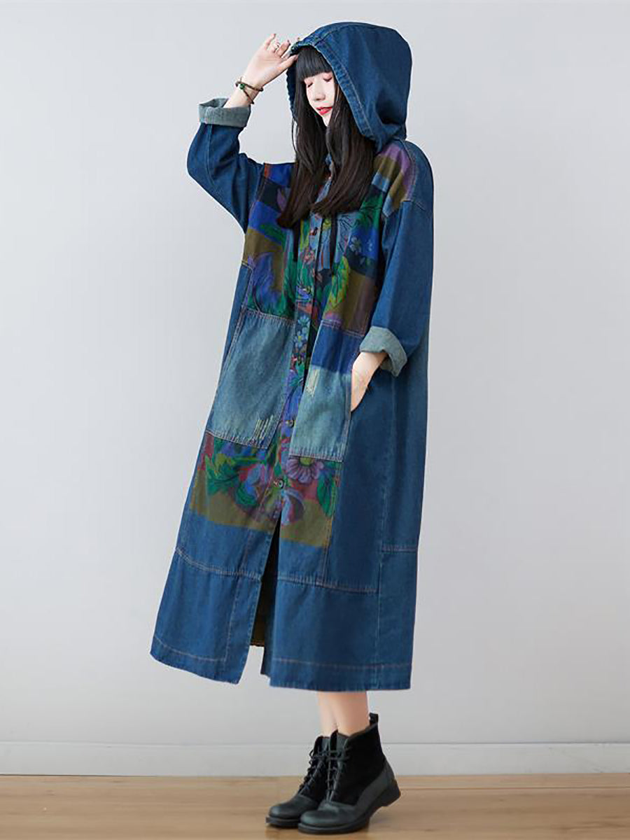 Women Spring Flower Print Loose Long Denim Dress GEM578