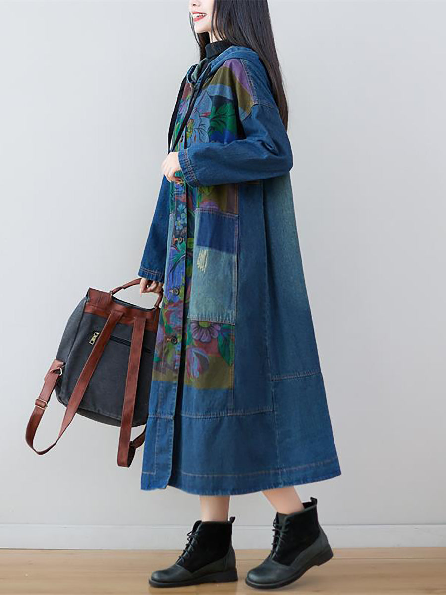 Women Spring Flower Print Loose Long Denim Dress GEM578