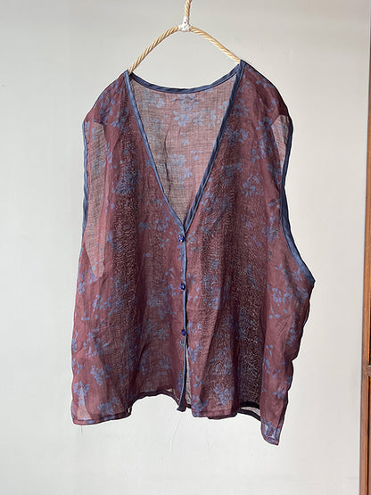 Women Vintage Floral Print Ramie Vest OO1001