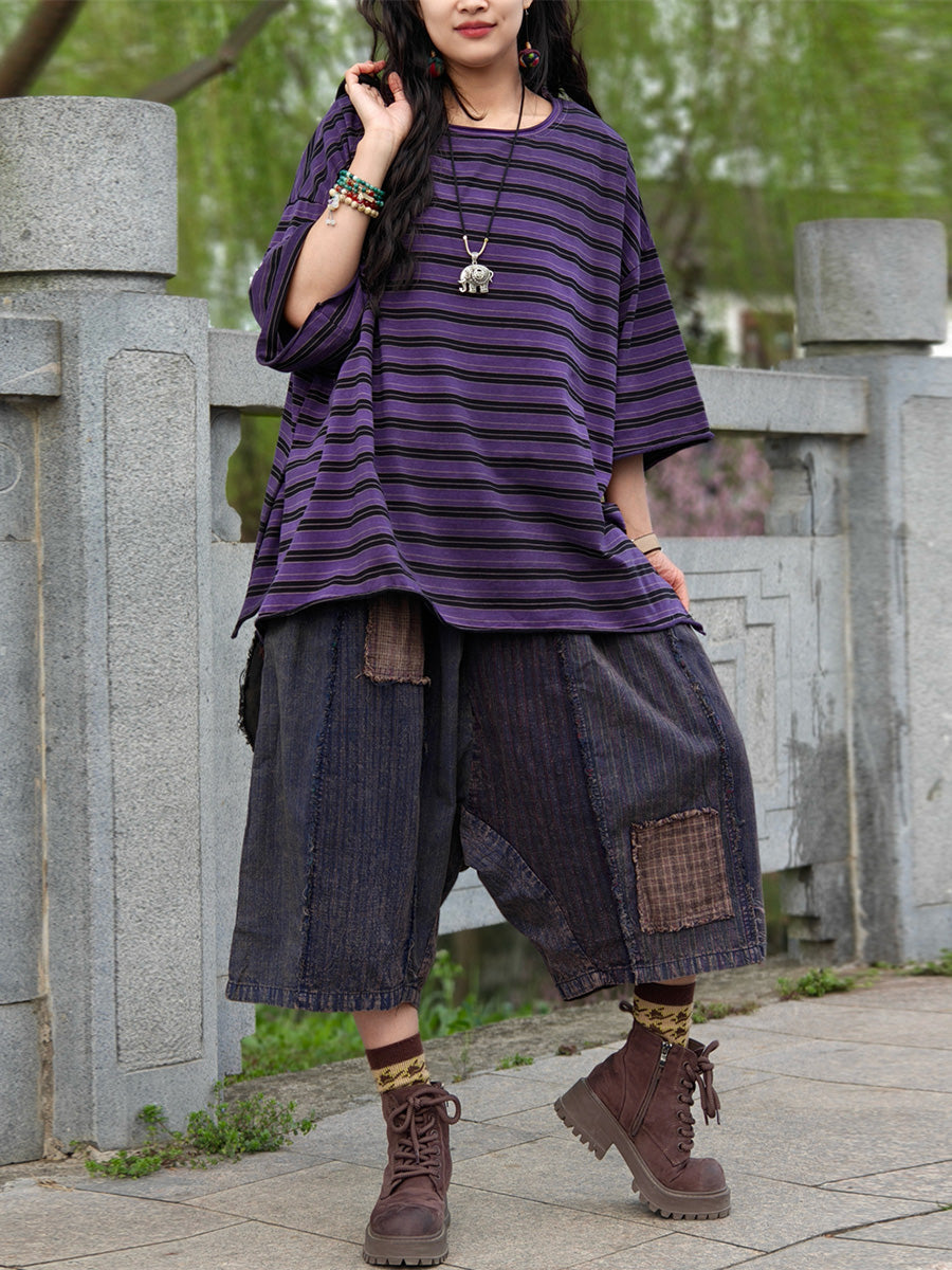 Casual Shirt Stripe Summer Cotton Plus Size Women