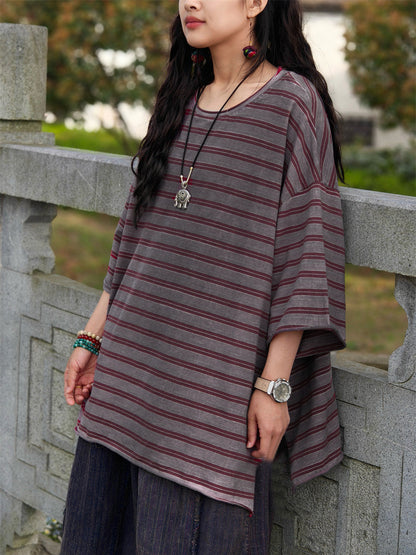 Casual Shirt Stripe Summer Cotton Plus Size Women