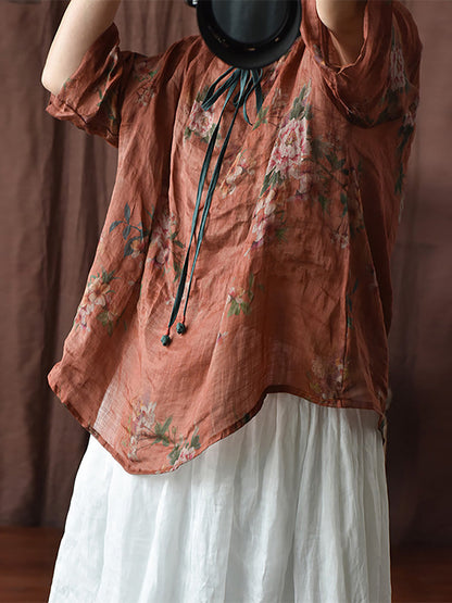 Women Vintage Floral Spring Strap Linen Blouse HH056