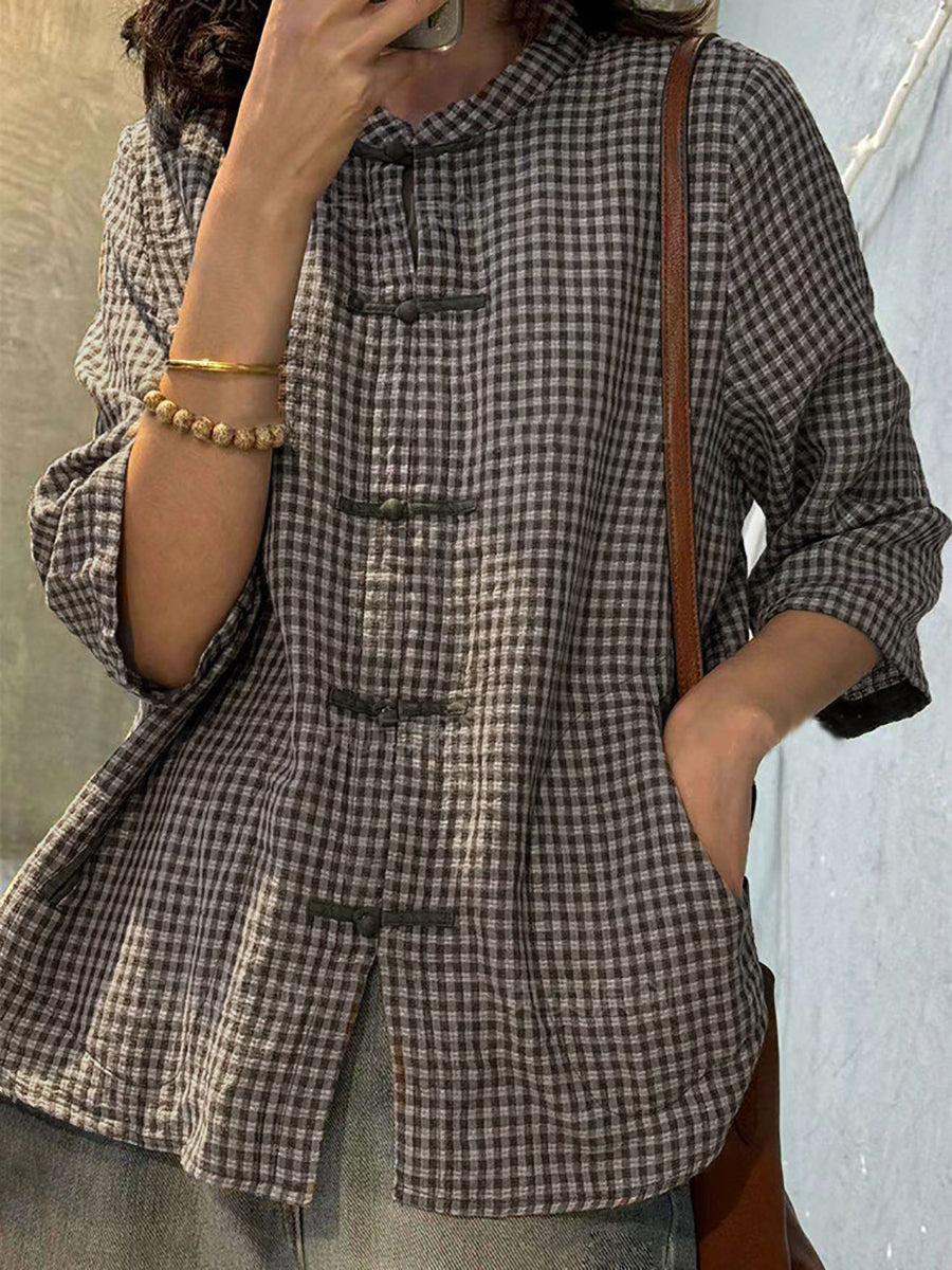 Plus Size Women Retro Plaid Summer Cotton Button-up Shirt BN1028