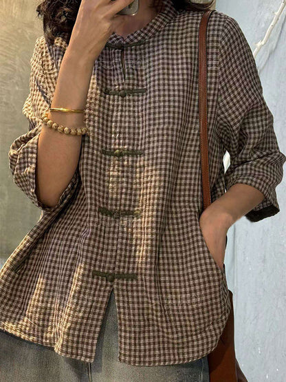 Plus Size Women Retro Plaid Summer Cotton Button-up Shirt BN1028