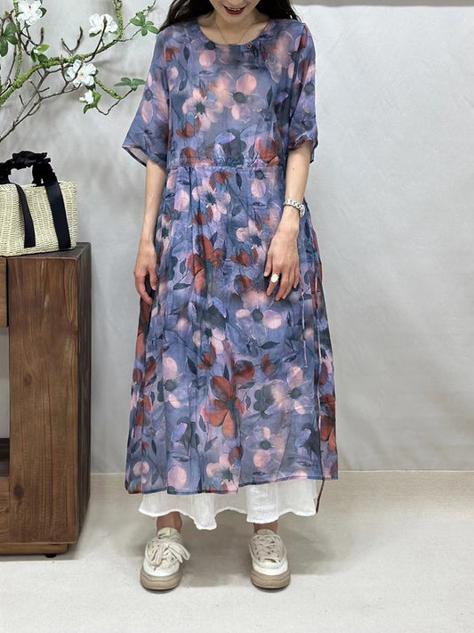 Robe d'été ample et fine en ramie pour femme, motif floral artistique, FG1008