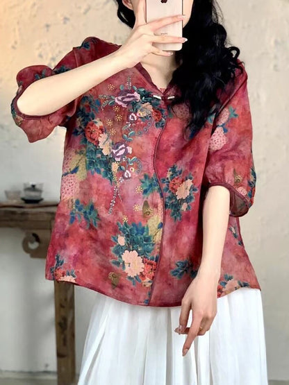 Chemise d'été en ramie à broderies florales vintage pour femmes FG1007